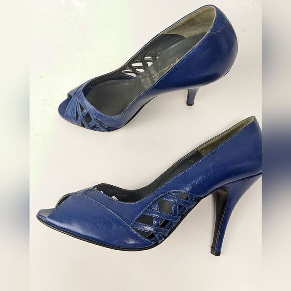 cobalt blue low heel italian leather shoe peep toe vintage size 5 retro fancy - Picture 7 of 10
